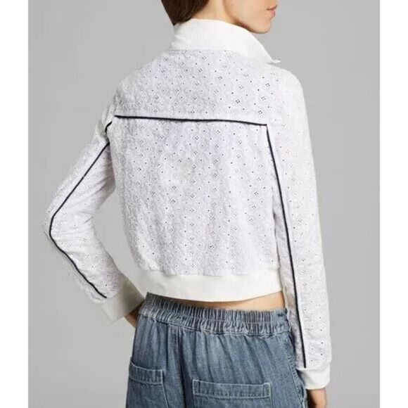 Free People Women Sz S White/Navy Embroidered Eyelet Full Zip Track Jacket - Picture 12 of 12